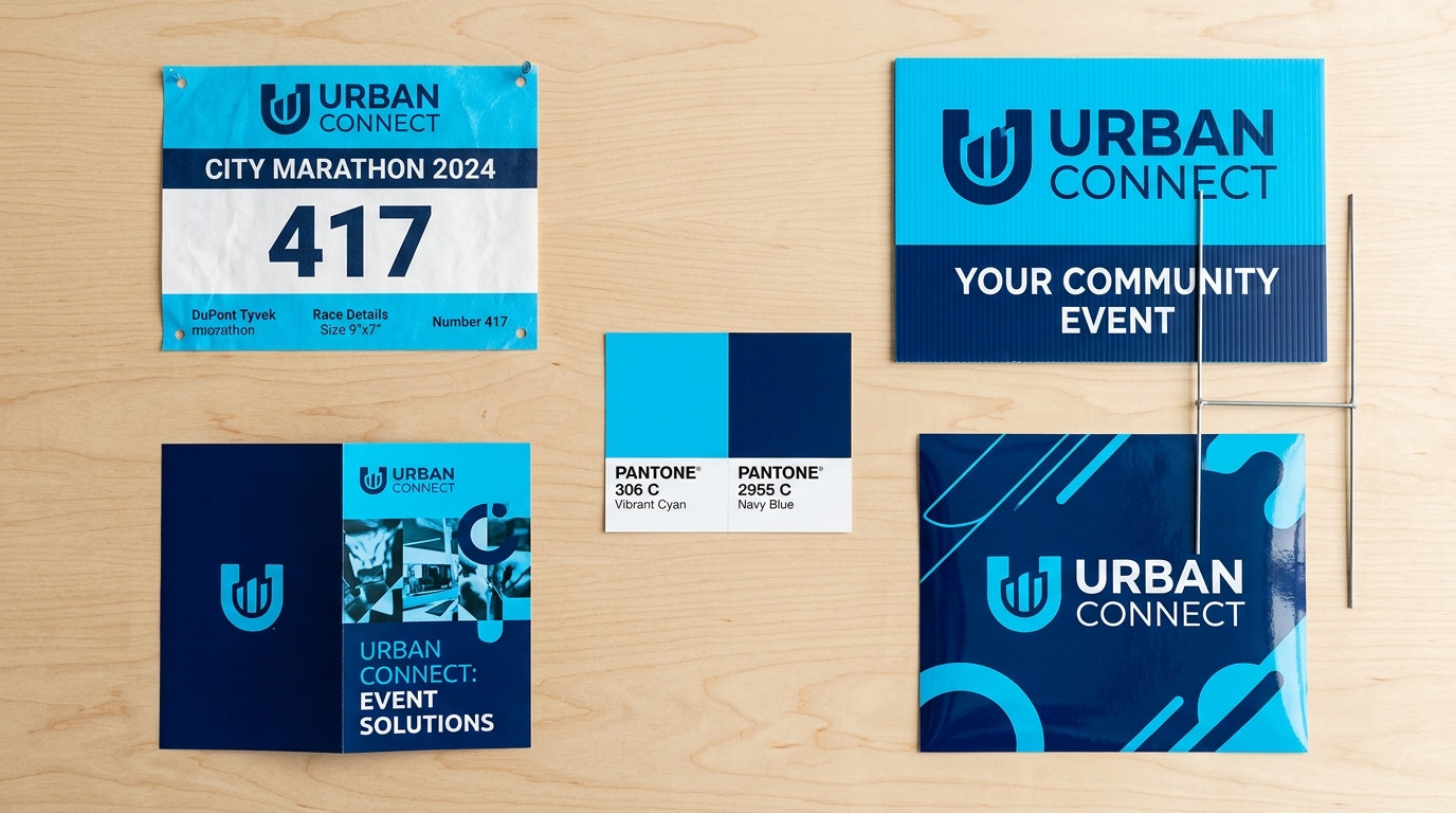 Brand color consistency across Tyvek race bib, corrugated plastic sign, vinyl wrap, and printed brochure with Pantone swatches