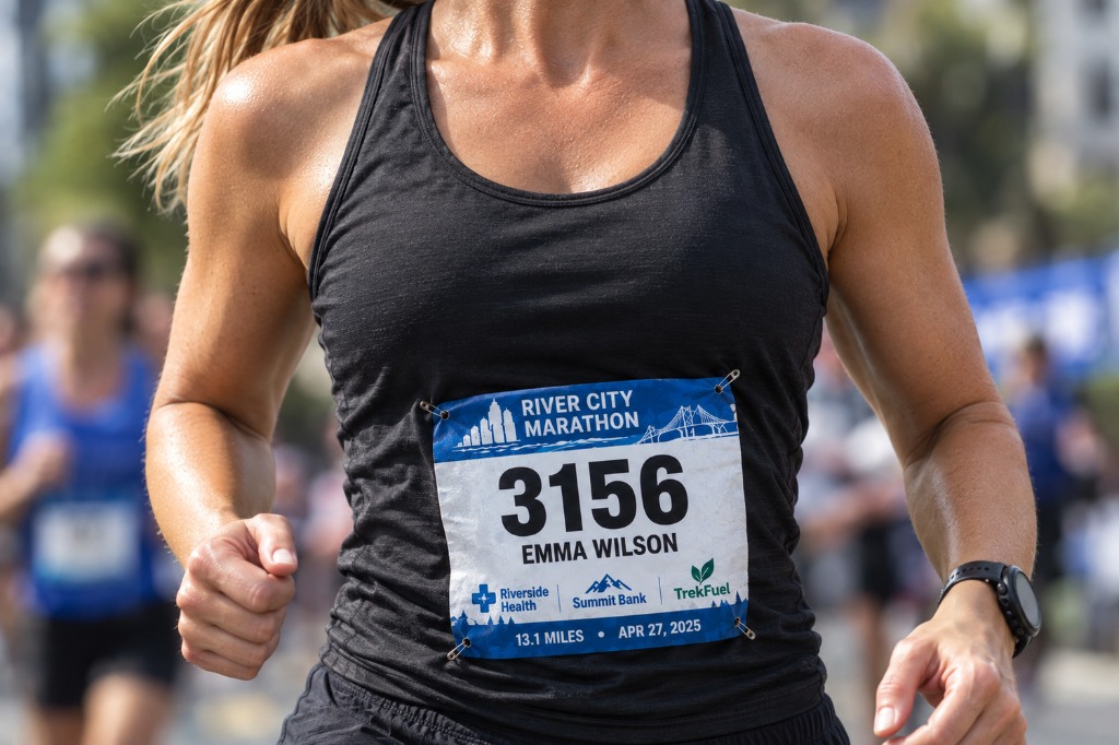 Female marathon runner wearing custom race bib pinned to singlet during road race