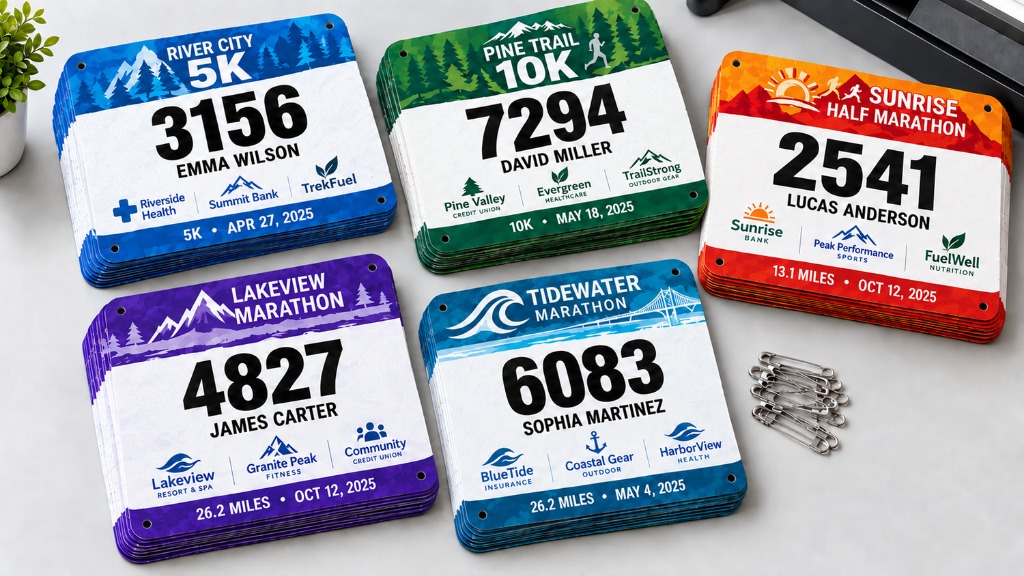 Stacks of colorful custom Tyvek race bibs with personalized variable runner names numbers safety pins and event sponsors