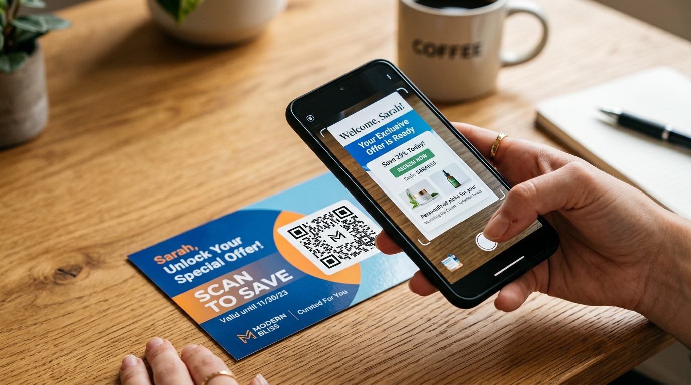 Smartphone scanning a dynamic personalized QR code on a commercial direct mail postcard linking to a tailored mobile landing page