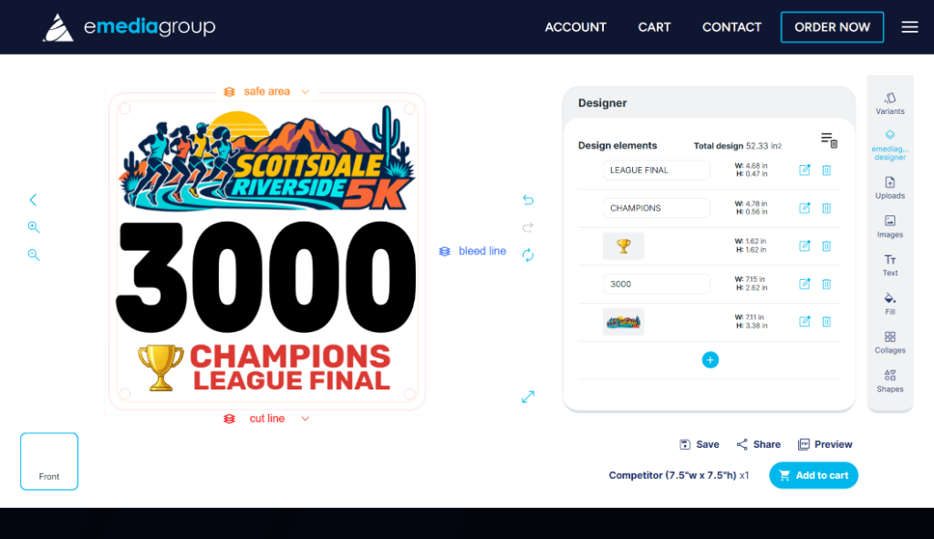 emediagroup interactive online race bib designer tool interface with real-time preview and customization