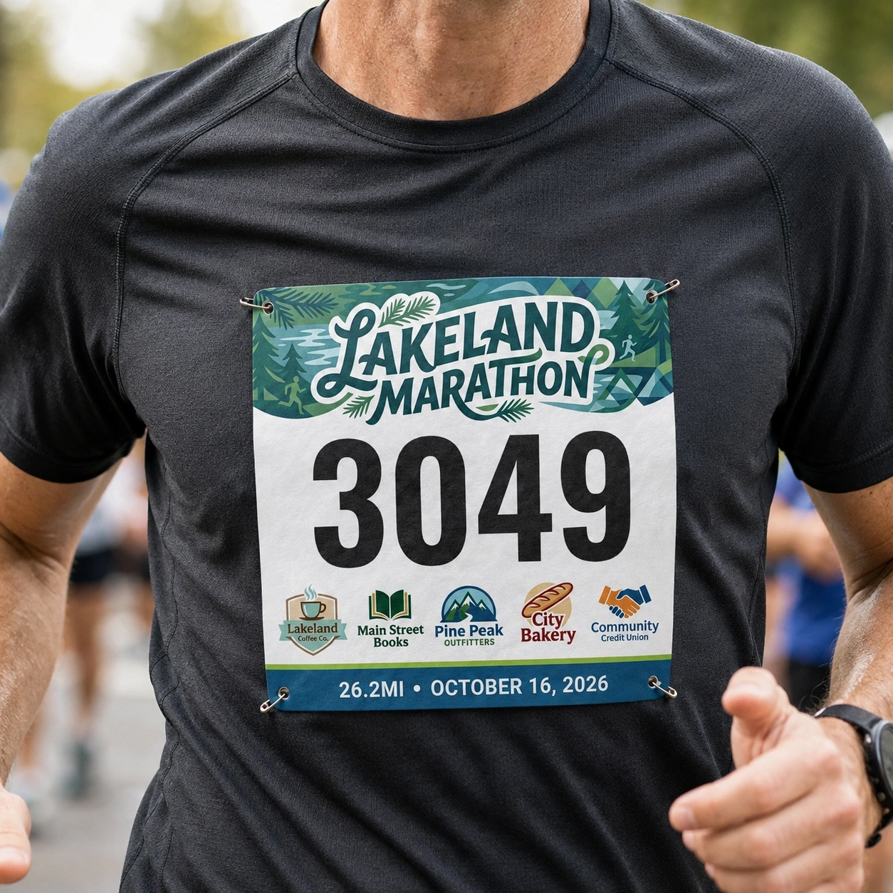 Runner Wearing Competitor Bib with Number and Sponsor Art
