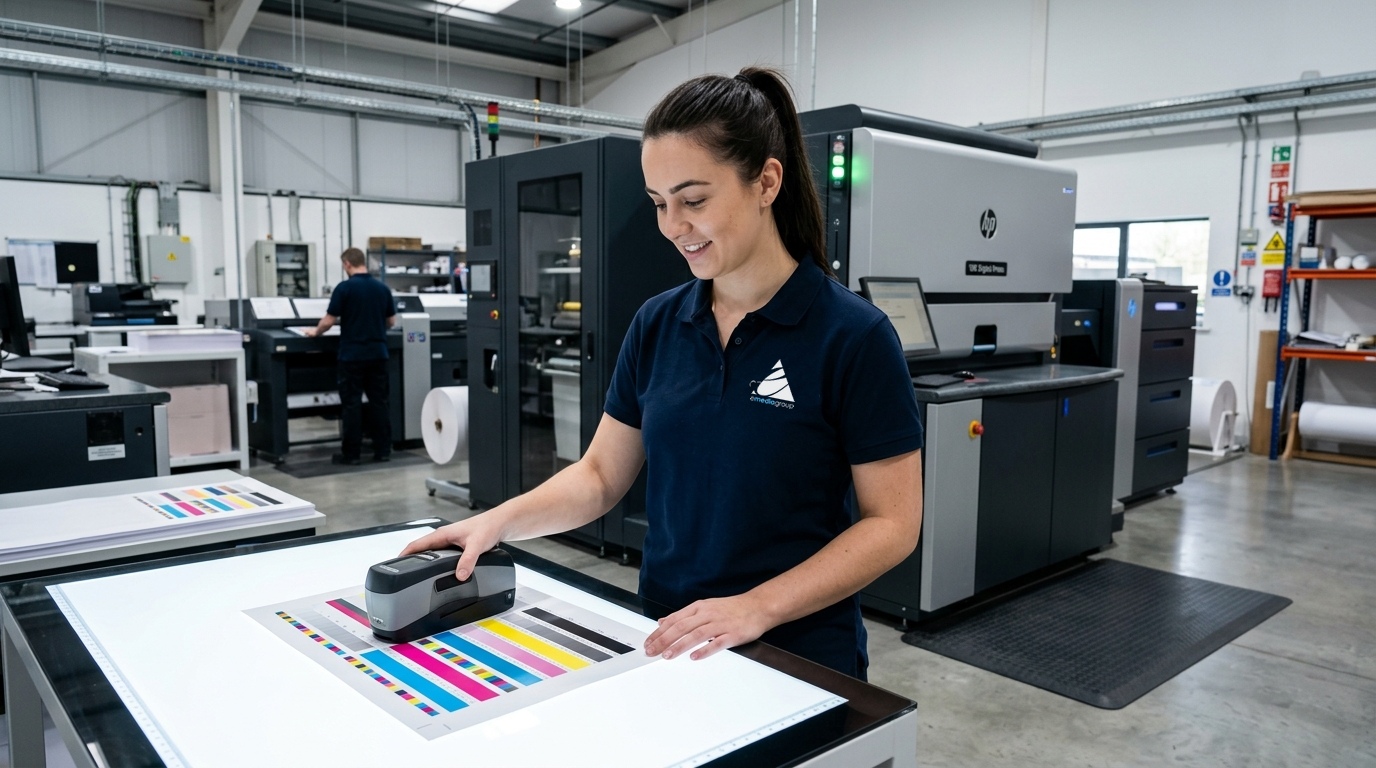 G7 certified print technician in dark navy polo with emediagroup vertical logo inspecting color calibration proof bars with HP Indigo 15K digital press