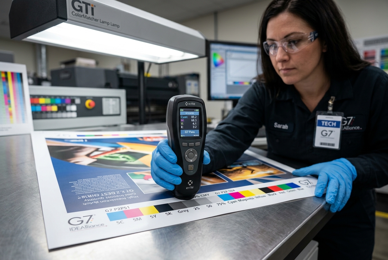 G7 certified print technician measuring press color calibration bar with spectrophotometer