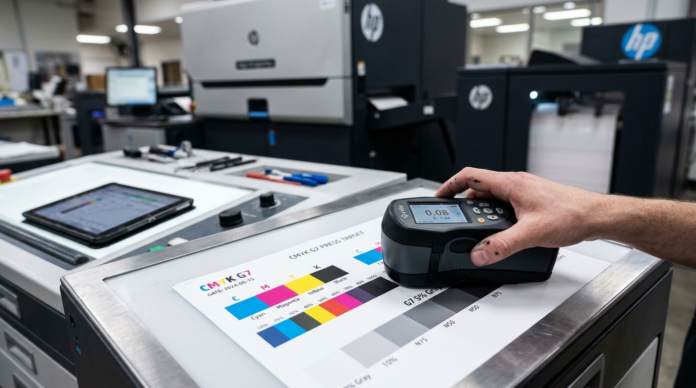 Digital spectrophotometer measuring G7 neutral gray balance target on press console with HP Indigo digital press in background