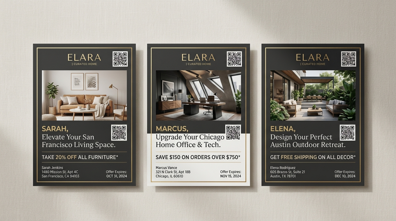 Side-by-side comparison of personalized direct mail postcards demonstrating variable data printing with unique names, graphics, and offers