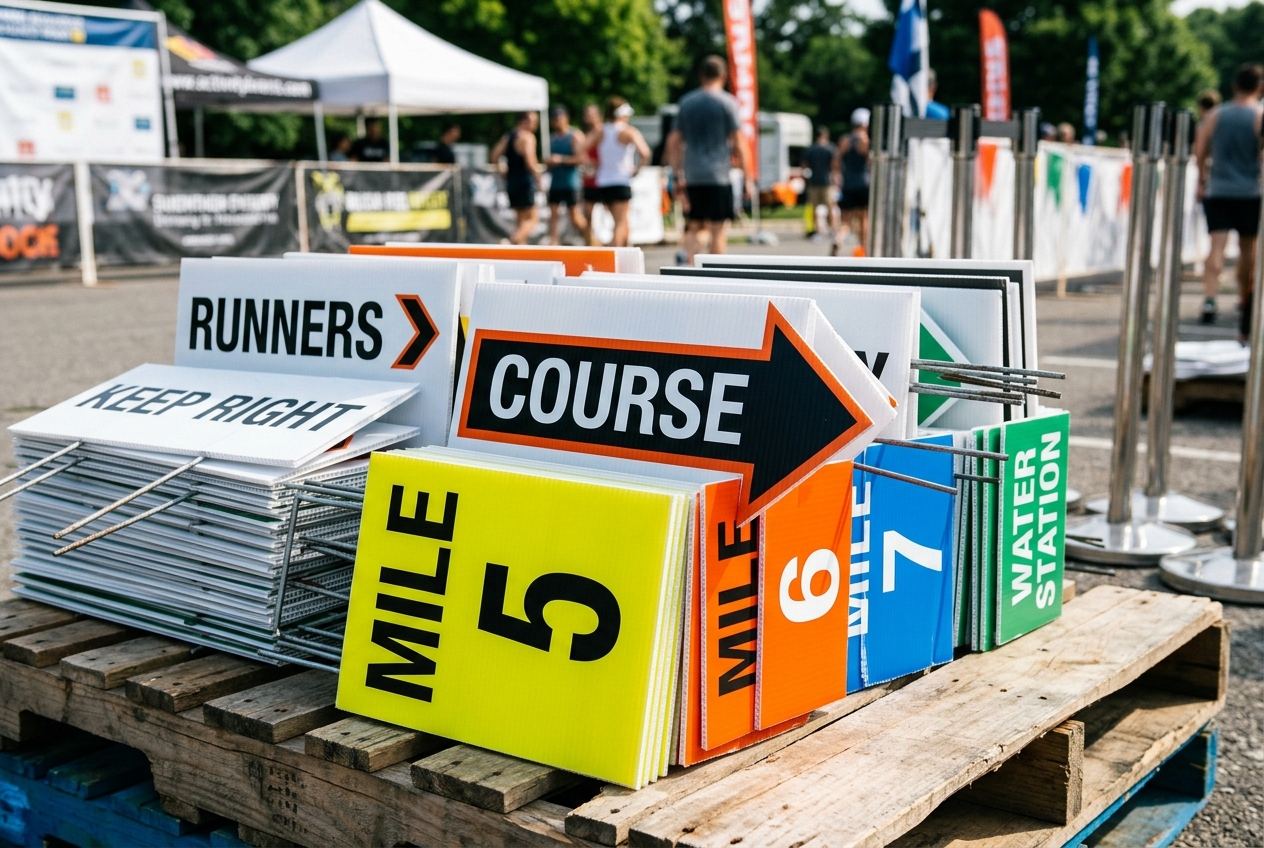 Stack of corrugated plastic coroplast race course signs, directional arrows, and bright mile markers