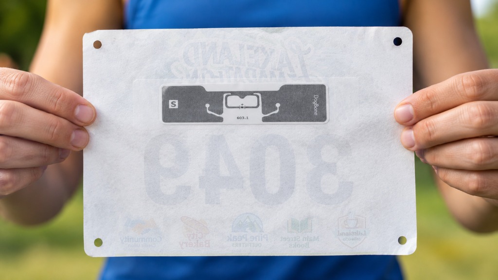 rfid race bib dogbone timing chip Runner holding reverse side of Tyvek race bib showing integrated UHF RFID DogBone timing tag