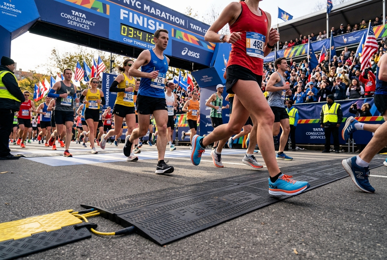 Marathon runners crossing ground RFID timing mat at race finish line with electronic chip timing