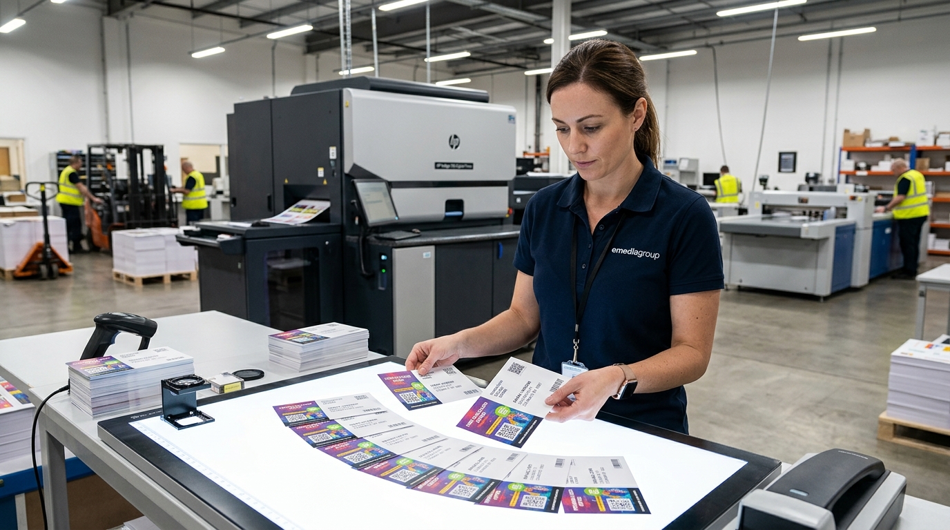 variable data printing direct mail hp indigo press HP Indigo 15K digital press producing variable data direct mail postcards with dynamic QR codes and personalized recipient data