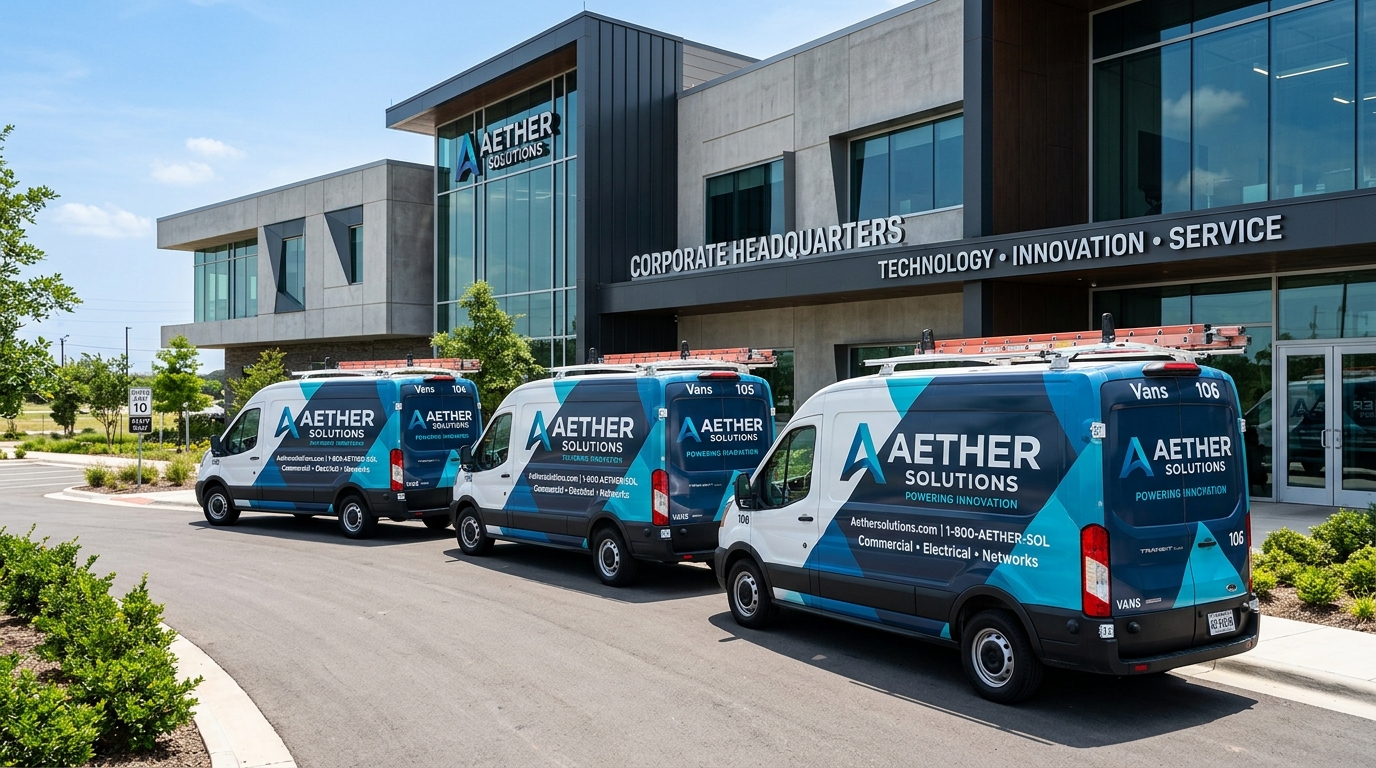 Commercial service vans with branded corporate vehicle wraps parked in Greenville SC